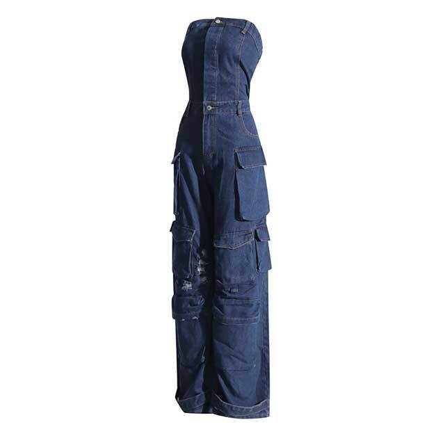 Multi Pockets Denim Cargo Jumpsuit