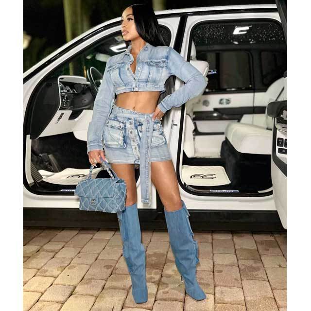 Denim Crop Jacket Top Tied Skirt Set