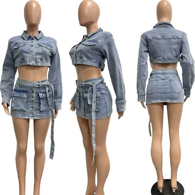 Denim Crop Jacket Top Tied Skirt Set