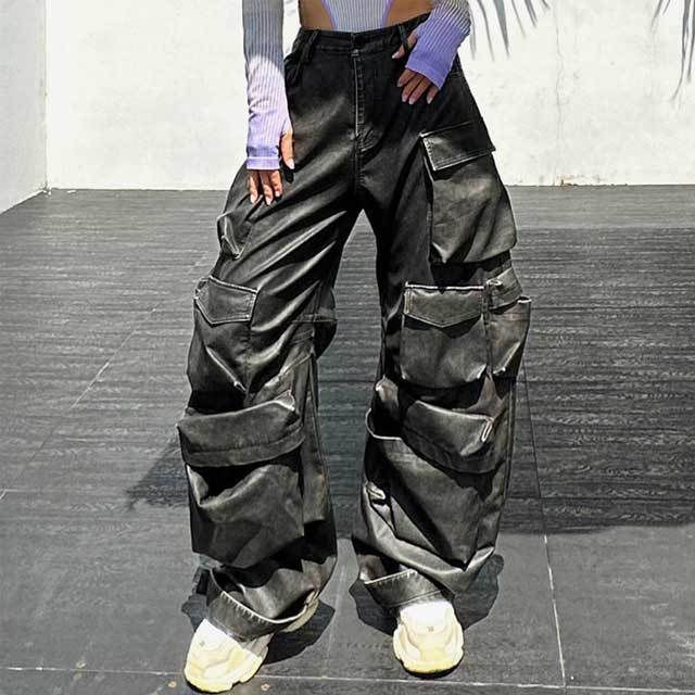 Leather High Waist Cargo Pants