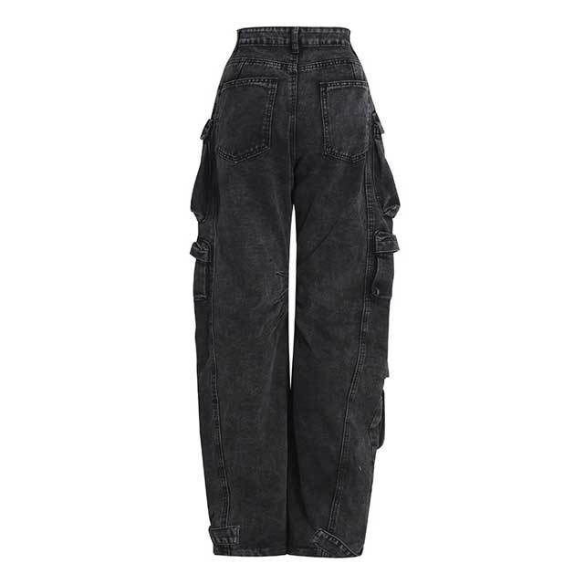 Multi Pockets High Waist Distressed Cargo Jeans