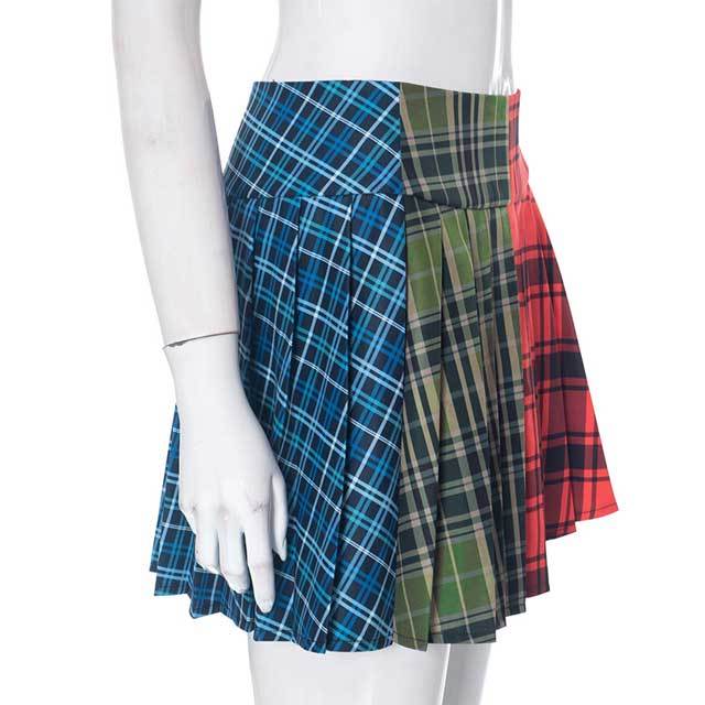 Color Block Plaid Print Pleated Skirt