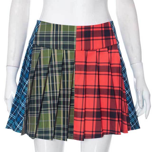 Color Block Plaid Print Pleated Skirt