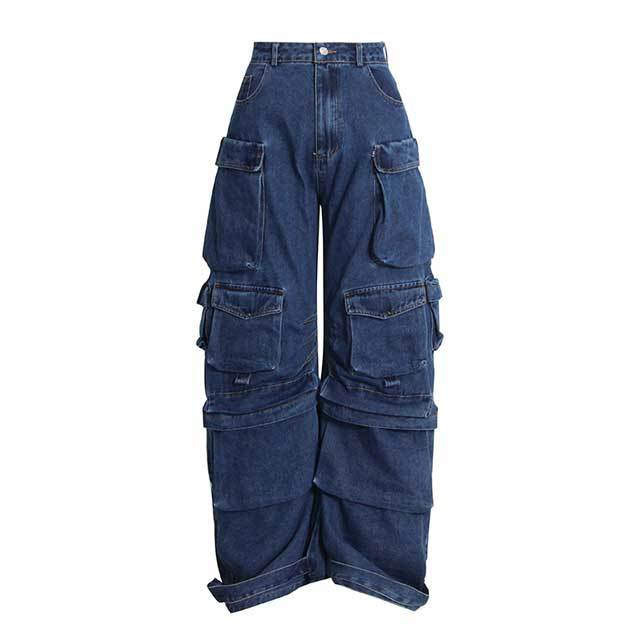 Multi Pockets High Waist Distressed Cargo Jeans
