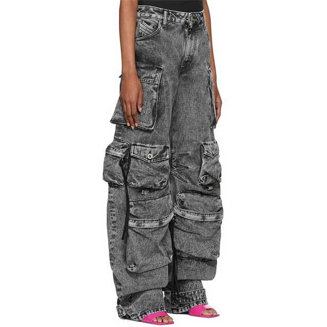 Multi Pockets High Waist Distressed Cargo Jeans