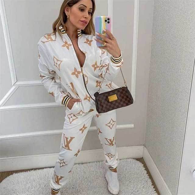 Letter Printed Zipper Up Top Jogging Suit