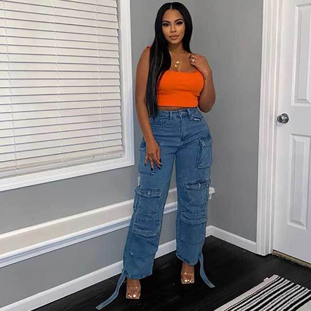 Multi Pockets High Waist Cargo Jeans