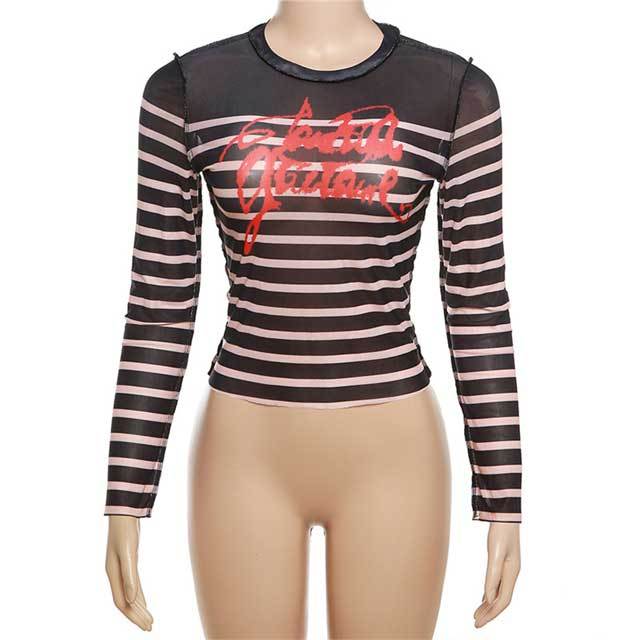 Mesh Striped Long Sleeve Tees