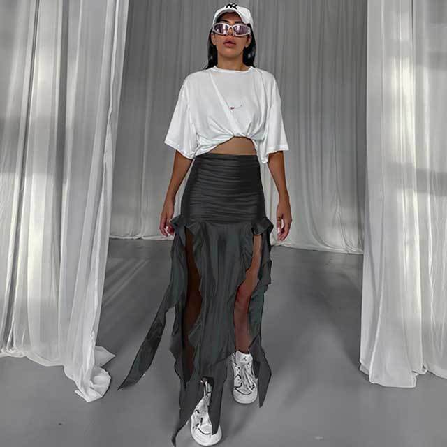 Leather High Waist Ruffle Skirt