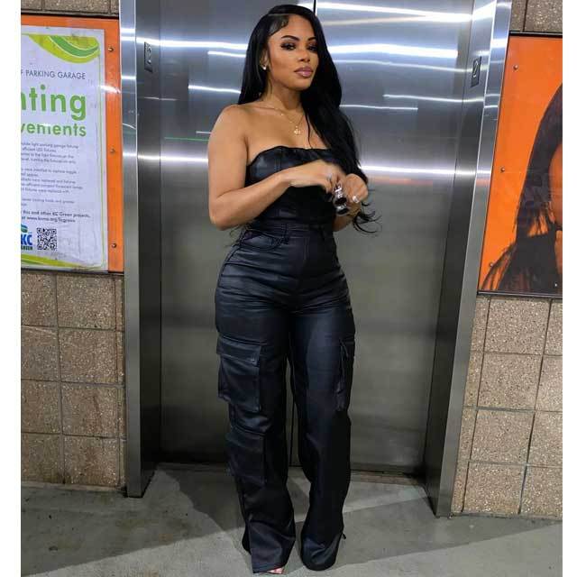 Leather Strapless Cargo Jumpsuit