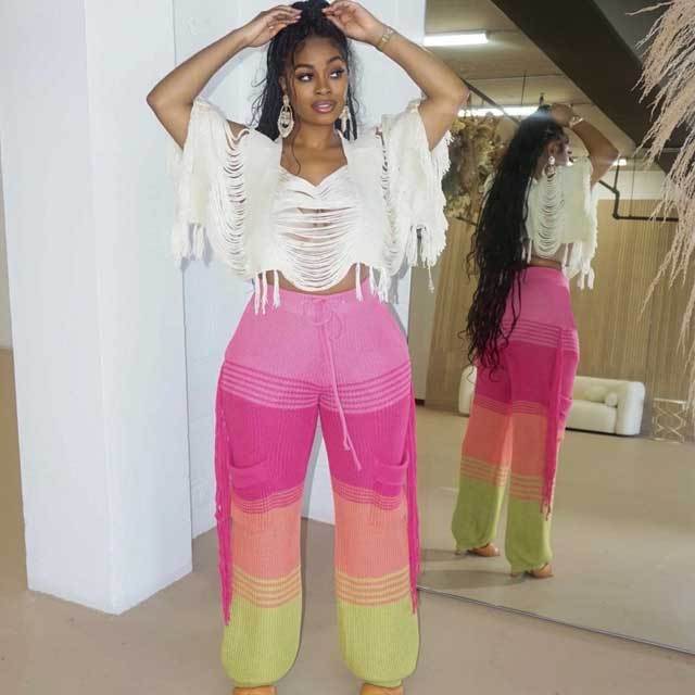 Knit Color Block Tassel Pants