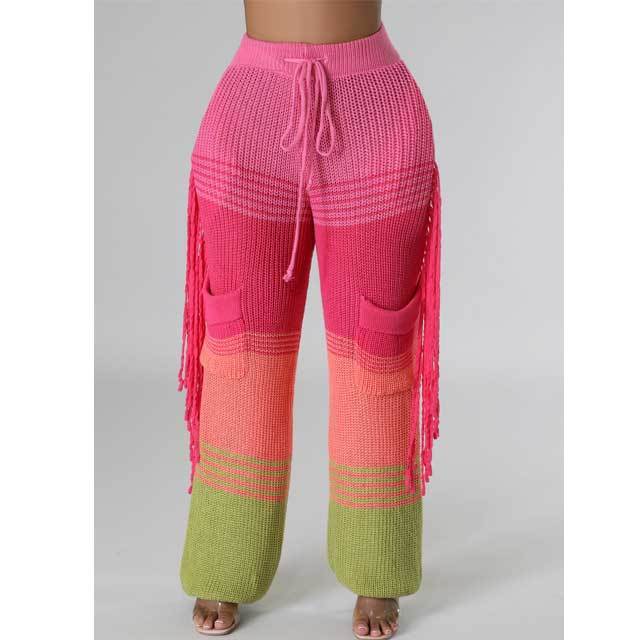 Knit Color Block Tassel Pants