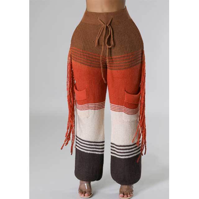 Knit Color Block Tassel Pants