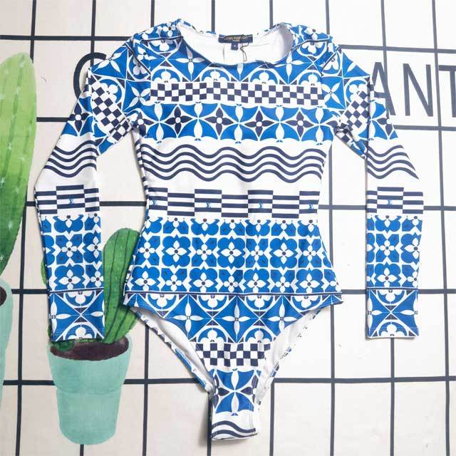 Printed Long Sleeve Bodysuit Swimwear