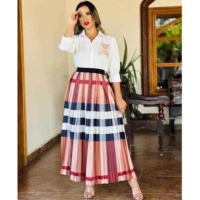 Rhinestones Shirt Top Plaid Pleated Skirt Set