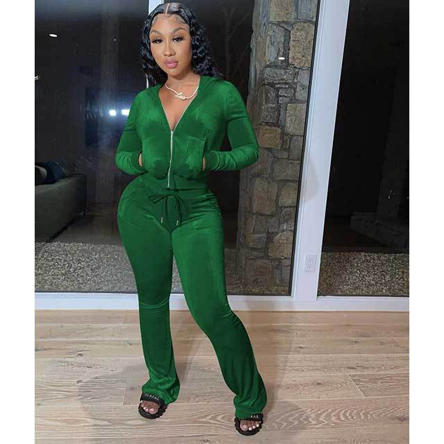 Velvet Hooded Top Casual Pants Set