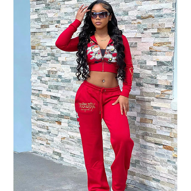Street Fashion Printed Zipper Up Two Pieces Pant Set