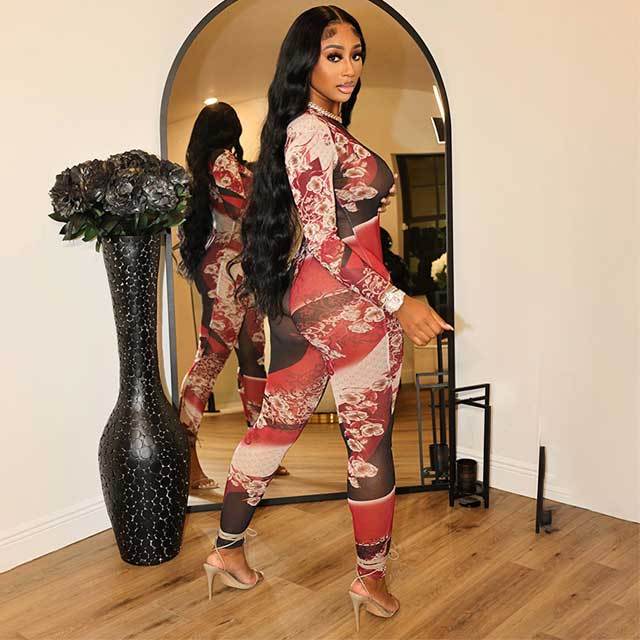 Mesh Printed Long Sleeve Jumpsuit