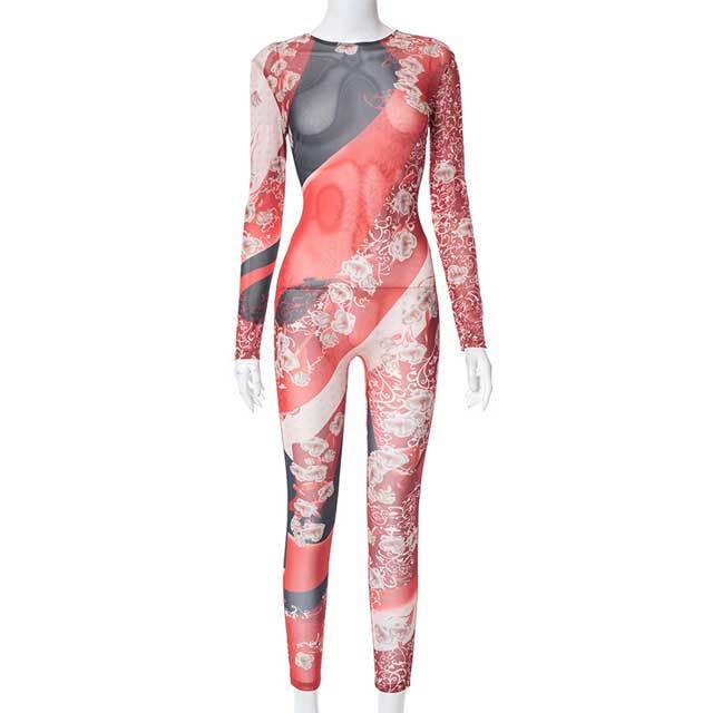 Mesh Printed Long Sleeve Jumpsuit