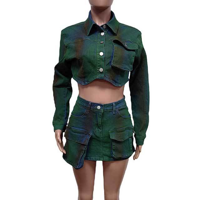 Denim Crop Jacket Cargo Skirt Set