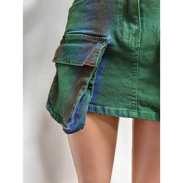 Denim Crop Jacket Cargo Skirt Set