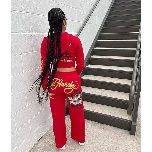 Street Fashion Printed Zipper Up Two Pieces Pant Set