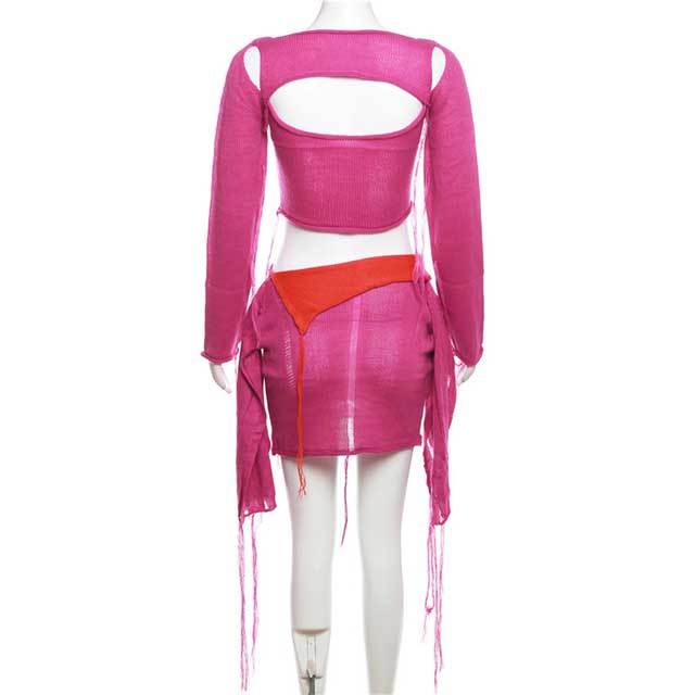 Knit Hollow Out Top Tassel Skirt Set