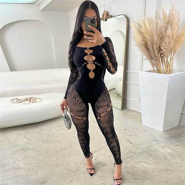 Off Shoulder Lace Hollow Out Lingerie Jumpsuit