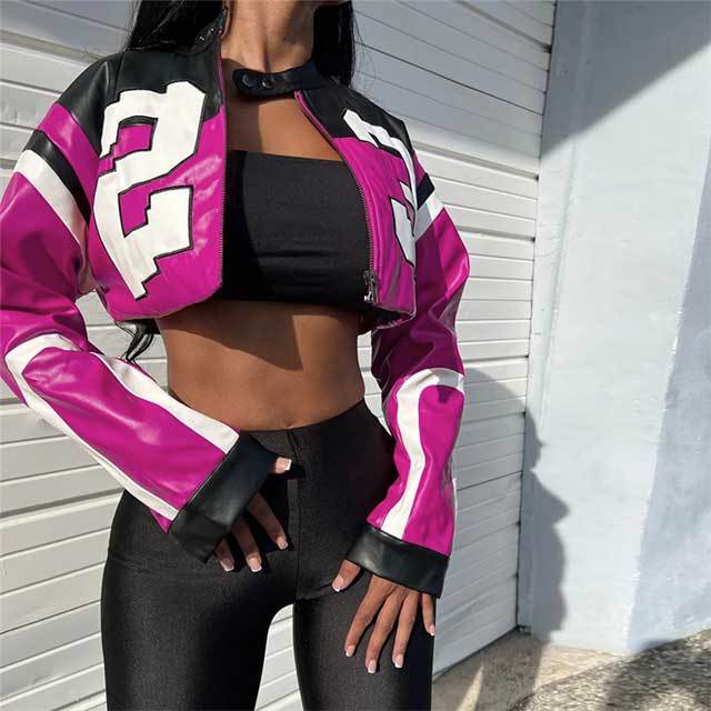 Leather Printed Crop Moto Jacket