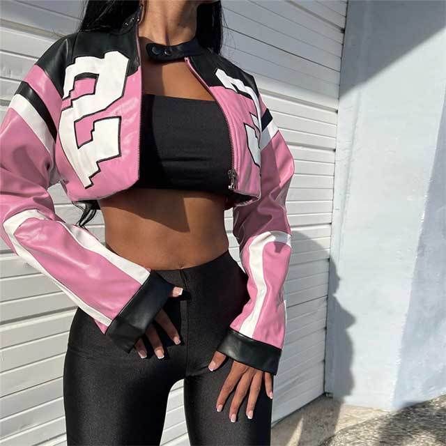 Leather Printed Crop Moto Jacket