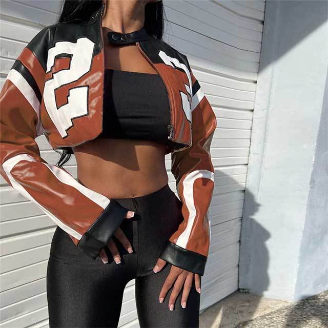 Leather Printed Crop Moto Jacket
