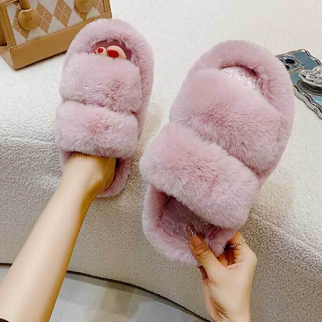 Winter Fashion Solid Color Furry Flat Slippers