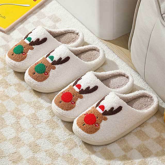 Christmas Elk Pattern Fuzzy Slippers