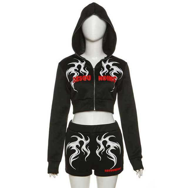 Printed Hooded Top Short Tracksuit Set