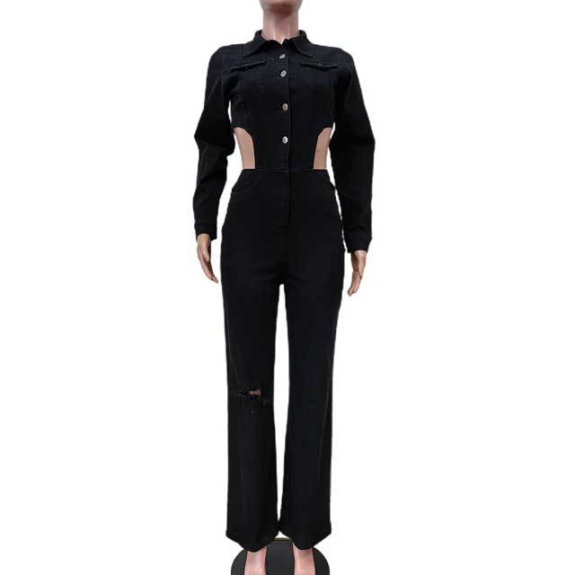 Denim Hollow Out Cargo Jumpsuit
