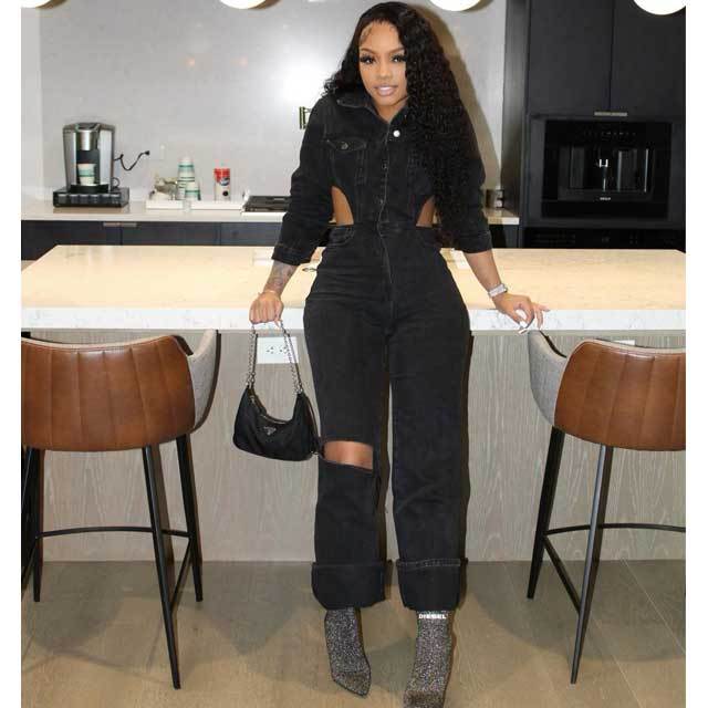 Denim Hollow Out Cargo Jumpsuit