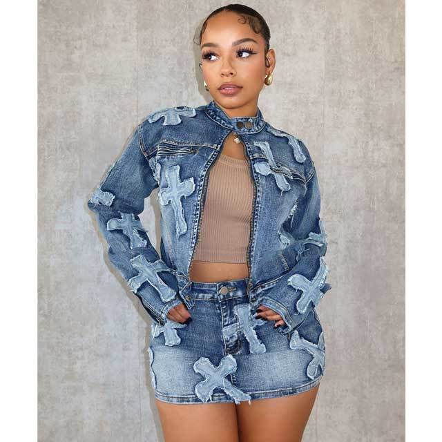 Embroidery Denim Jacket Top Skirt Set