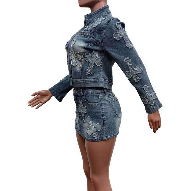 Embroidery Denim Jacket Top Skirt Set