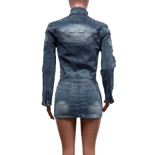 Embroidery Denim Jacket Top Skirt Set