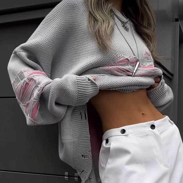 Knit Color Block Ripped Sweater