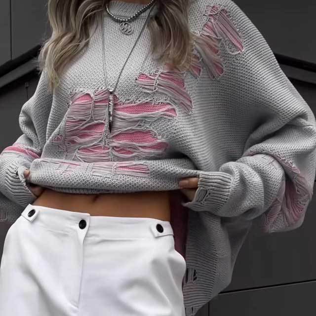 Knit Color Block Ripped Sweater