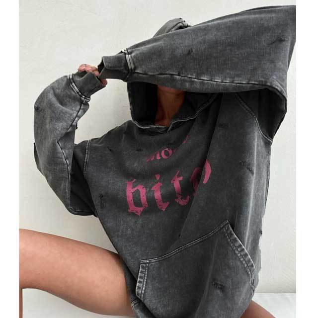 Distressed Washed Letter Print Hooded Sweatshirt