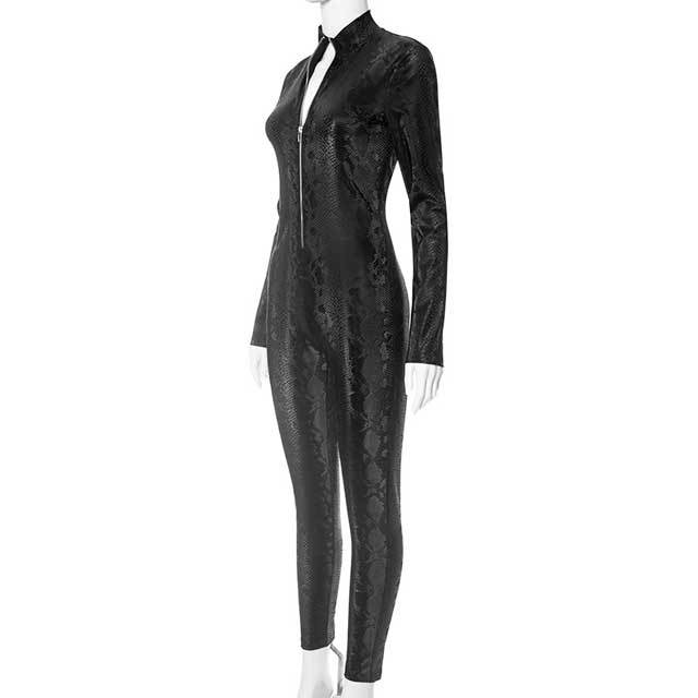 Snakeskin Zipper Long Sleeve Skinny Jumpsuit