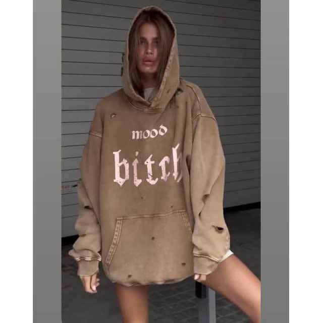 Distressed Washed Letter Print Hooded Sweatshirt