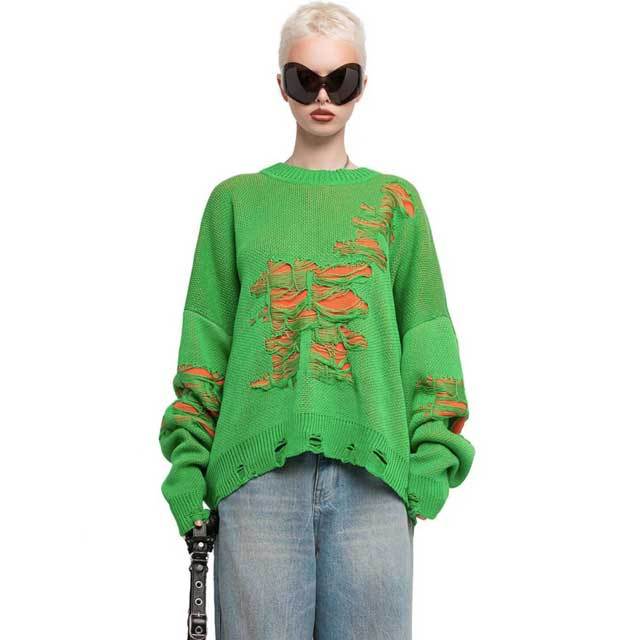 Knit Color Block Ripped Sweater