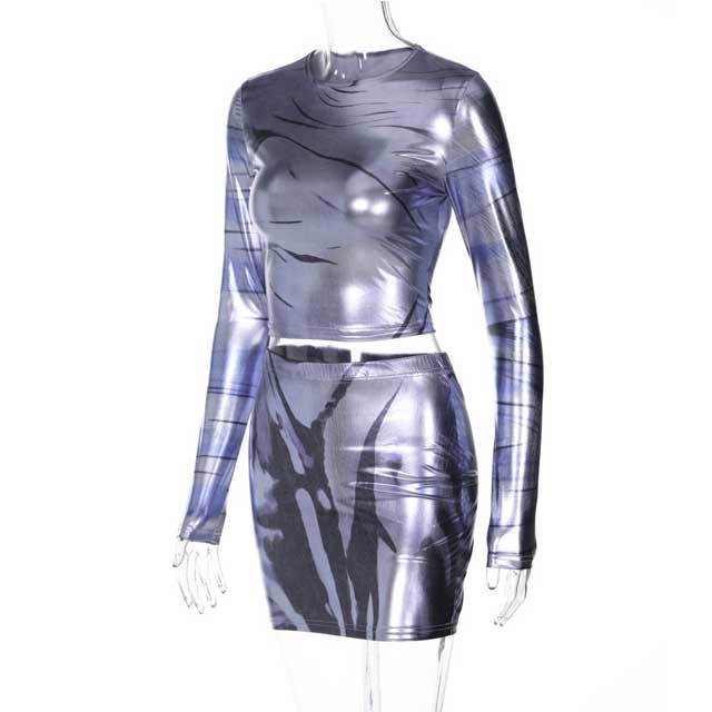 Metallic Long Sleeve Top Bodycon Skirt Set