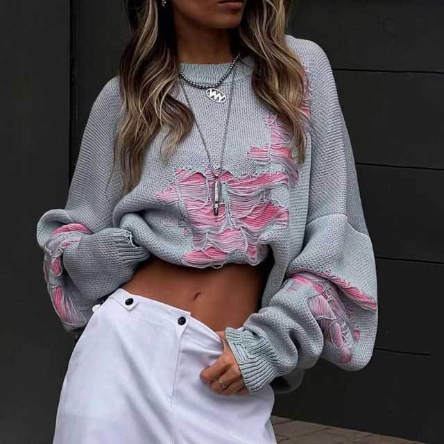 Knit Color Block Ripped Sweater