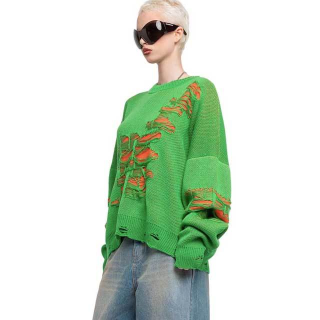 Knit Color Block Ripped Sweater