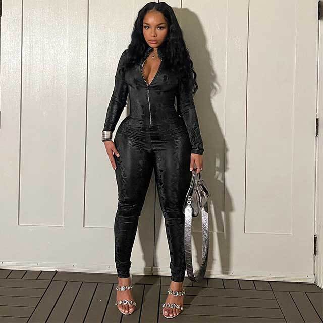 Snakeskin Zipper Long Sleeve Skinny Jumpsuit