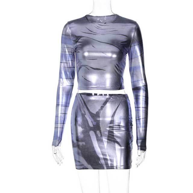 Metallic Long Sleeve Top Bodycon Skirt Set